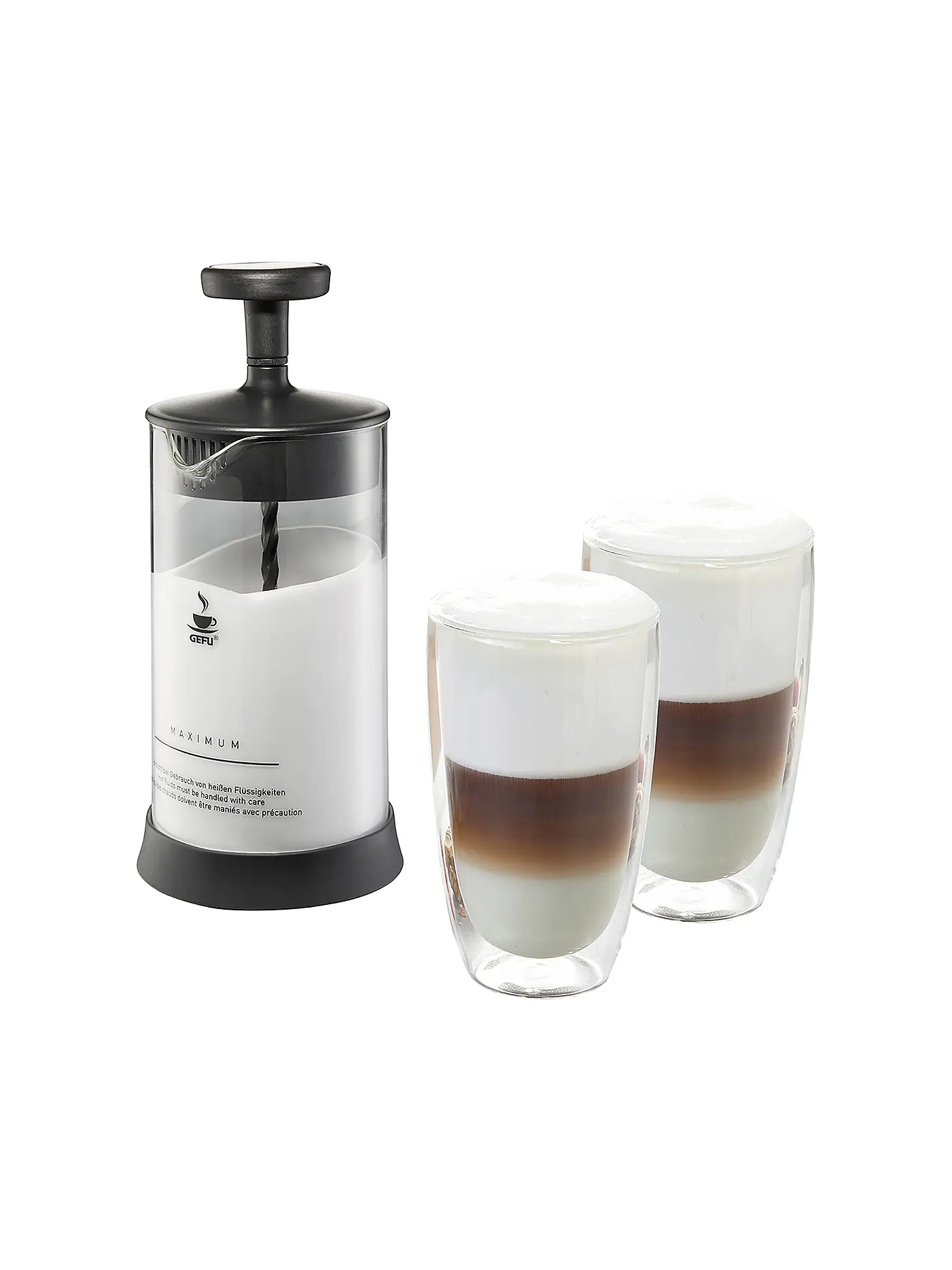 GEFU | Set Milchaufschäumer ANTONIO + 2 x Latte Macchiato Gläser 350ml | 